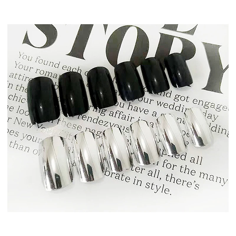 24pcs Long Square False Nails Black Silver Jump Color Press On UV Wearing Bright Sexy Trend Manicure Nail Decoration | Красота и