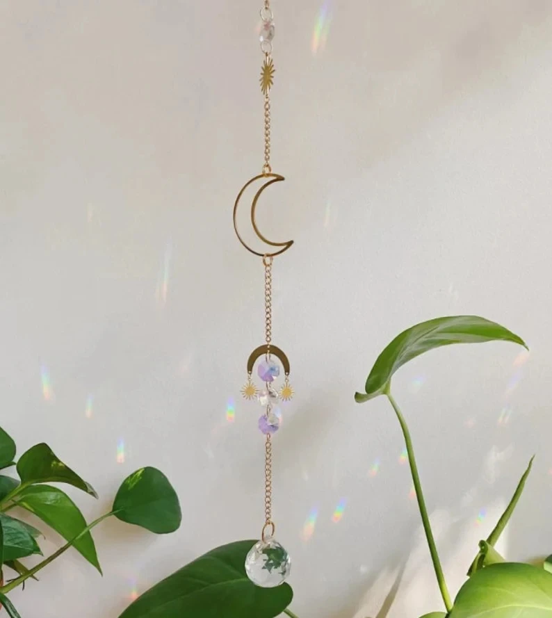 

Clear Quartz Crescent Moon Window SunCatcher/Witchy Sun catcher/Boho Decor/Rainbow Maker/Hanging Crystal Prism/Crystal Suncatche