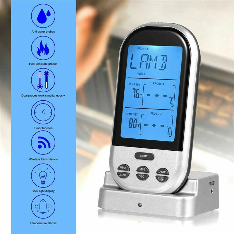 

Интеллектуальный беспроводной термометр для барбекю с дистанционным управлением, Кухонные цифровые пищевые Термометры с щупами из нержав...