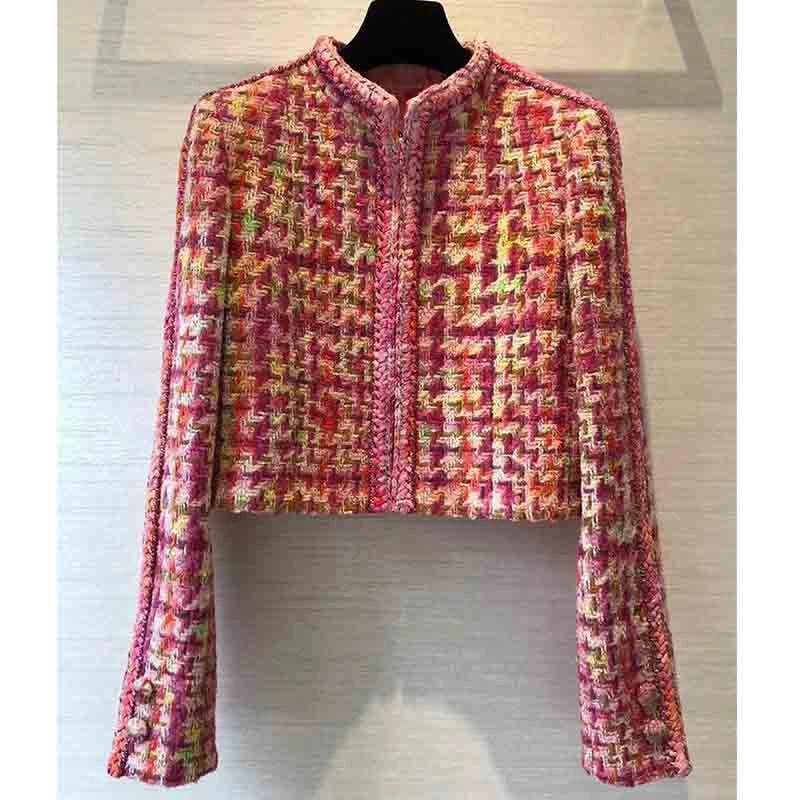 

2021 Early Spring Women Pink Tweed Elegant Hand-weaving Jacket Tie-Dye Silk Lining Zipper Short Coat