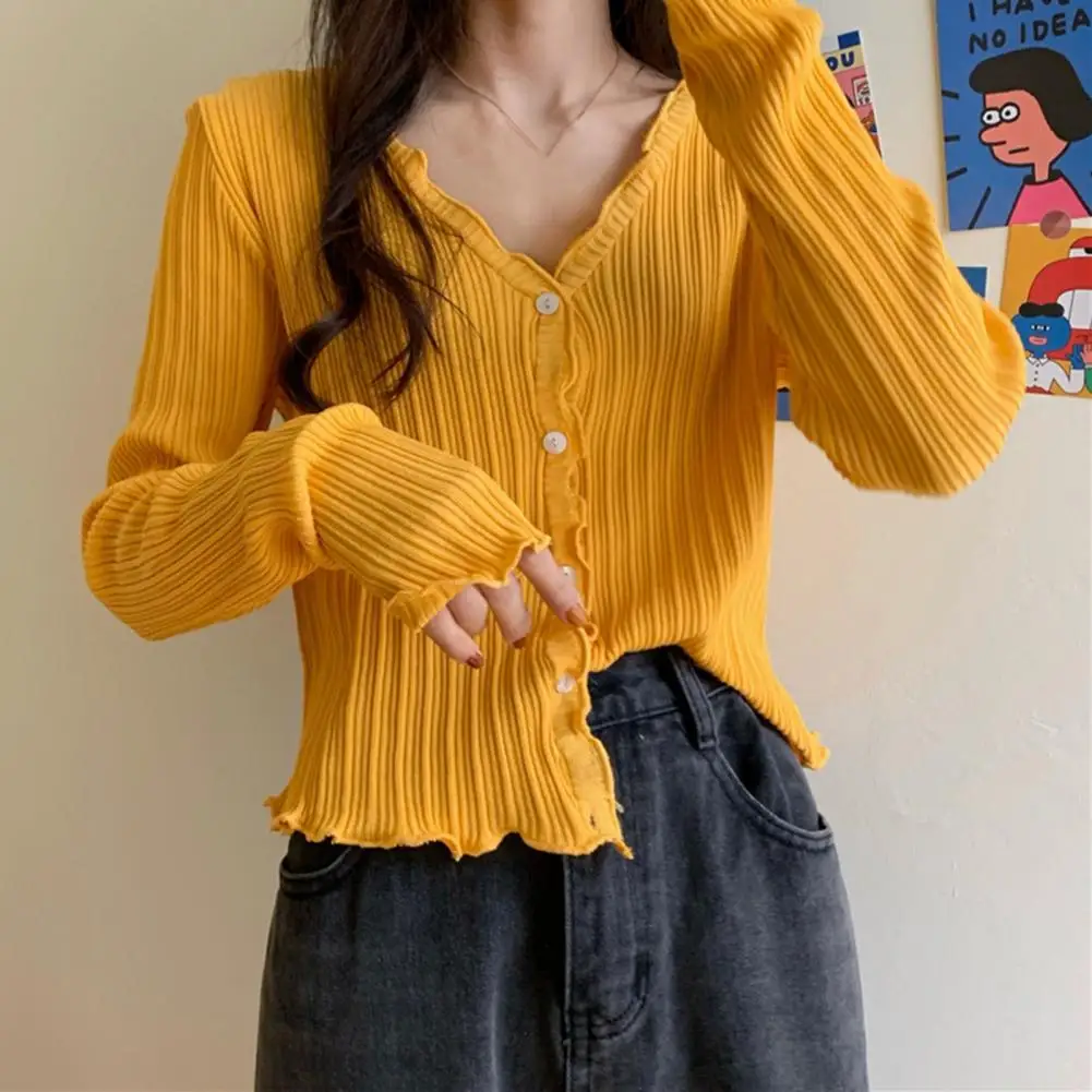 

Women Knitting Sun Protection Cardigan V Neck Long Sleeve Slim Blouse Crop Top