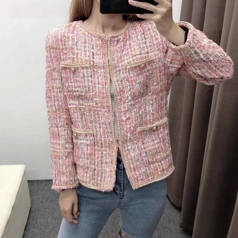 2020 Женская милая твидовая куртка с круглым вырезом и цветами женское