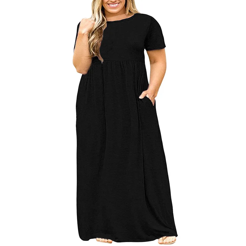 

Summer 2021 New Women's Retro Plus Size Lady Short-sleeved Round-neck Elegant Long Skirt Bag Loose Dress Womens Formal Dresses