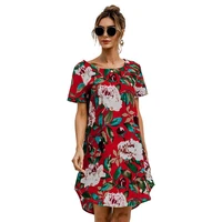 elegant floral print o neck short sleeve dress women summer casual loose streetwear vintage beach holiday oversized dresses