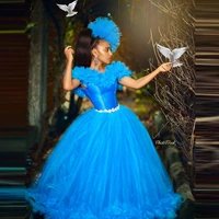 charming blue girls pageant dresses ball gown extra puffy tulle flower girl dress for wedding short sleeve crystal waist
