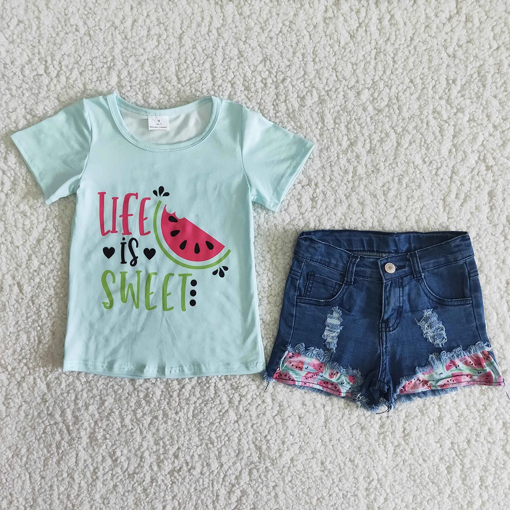 

2021 Summer Girls Clothes Watermelon Sets Short Sweatshirt + Jean Shorts Girl Kids Tracksuit Children Clothing Suits Fashion Set