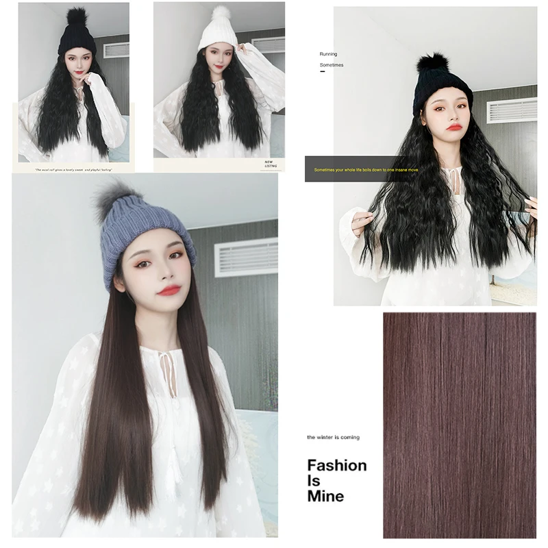 Модная женская мягкая вязаная шапка парик прямые длинные волосы большие