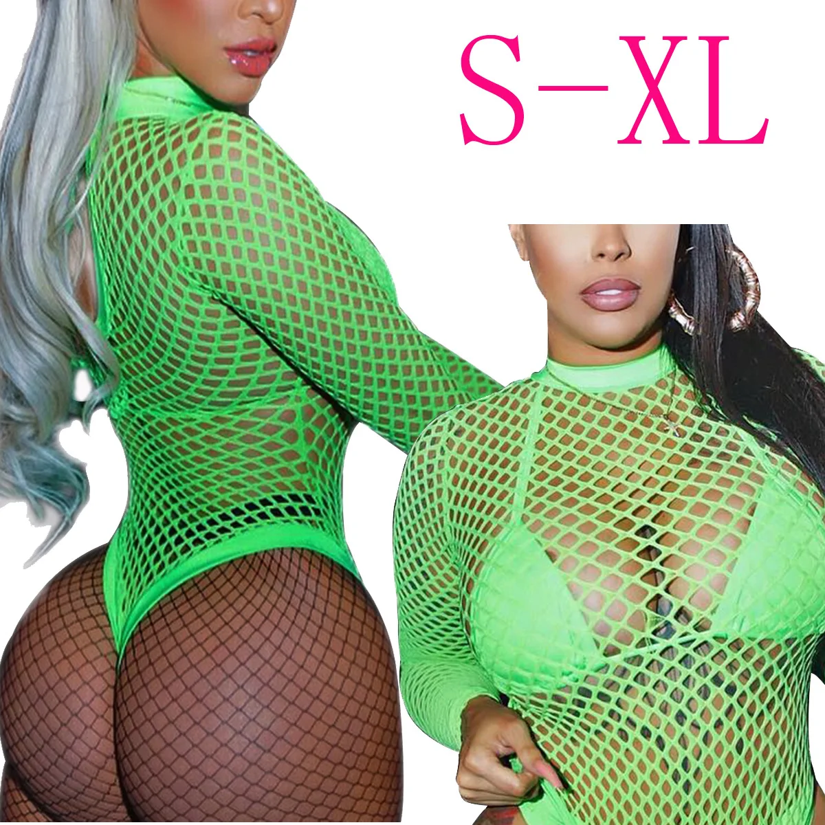 Neon Mesh One Piece Swimsuit Thong One Piece Swimwear Women Fishnet Tanga Swimsuit Sexy Bathing Suit High Neck Monokini - Цвет: Neon Green