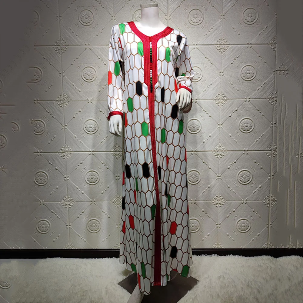 

Dubai Jalabiya Muslim Hijab Fashion Plaid Print Maxi Dress For Women Moroccan Kaftan Arabic African Dresses Eid Ramadan Mubarak