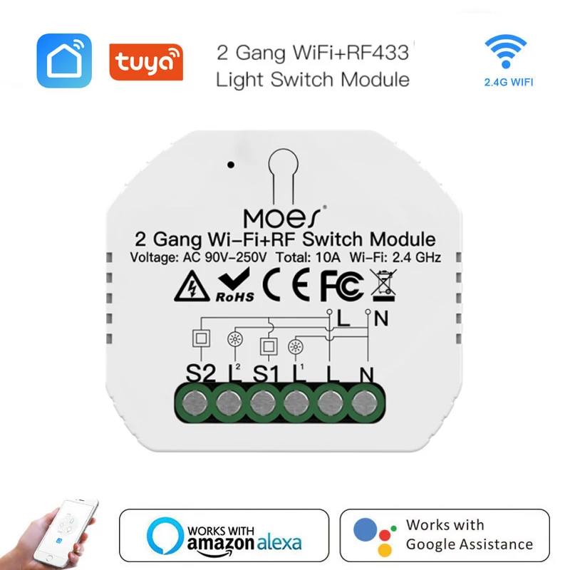 

Умный релейный модуль Wi-Fi RF433, 2 клавиши, 1/2 каналов, управление через приложение Smart Life/Tuya, работа с Alexa Google Home