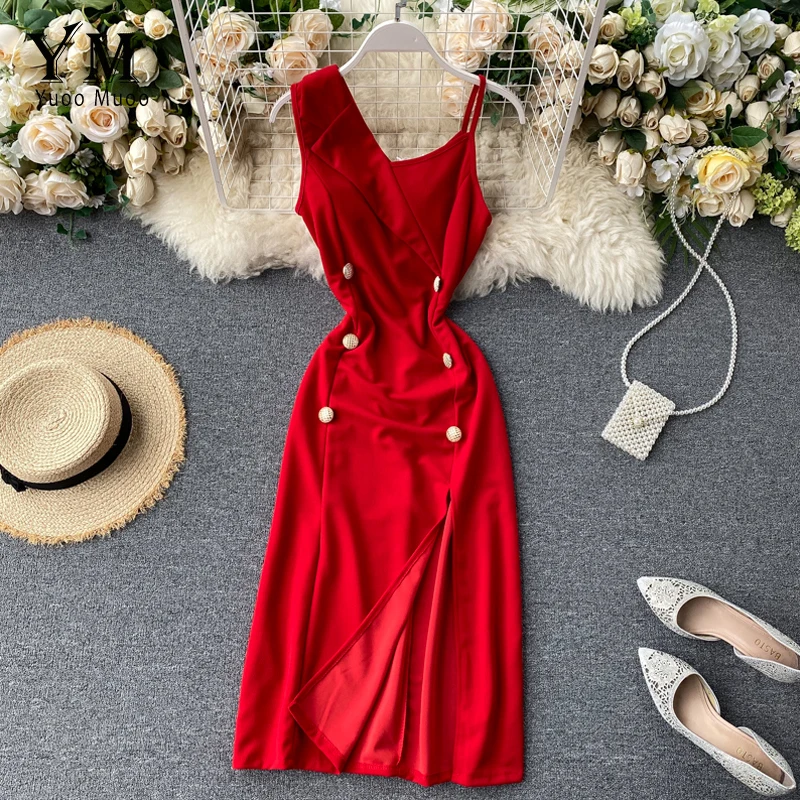 Женское облегающее платье YuooMuoo красное двубортное на одно плечо с отложным