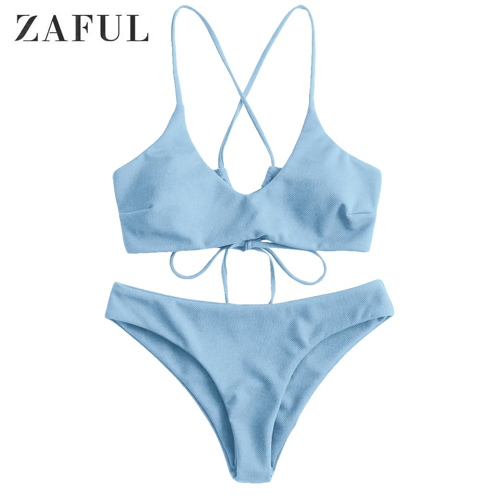 

ZAFUL Textured Criss Cross Cami Bikini Swimwear Low Waist Padded Bikinis Set Bathing Suits Wire Free Women Sexy Swimsuit