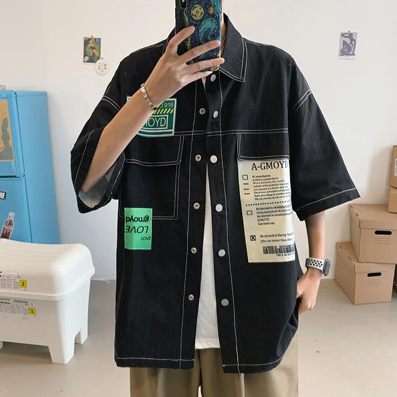 

sleeve shirt summer popular logo fashion loose half sleeve shirt wind short-sleeved shirt pure splicing cotton cardigan
