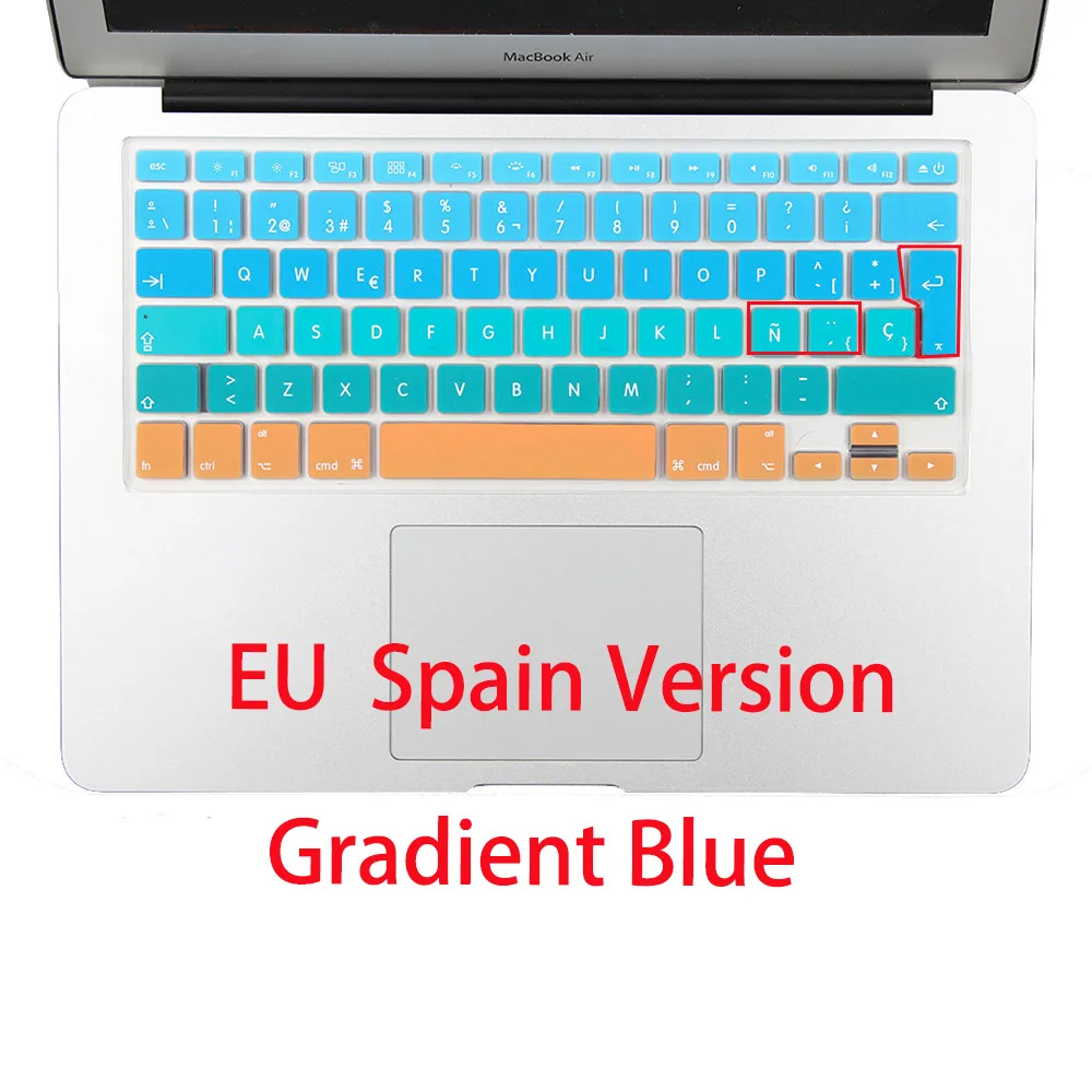 Русские буквы градиент ес / великобритания макет силиконовая наклейки на клавиатуру русские покрова для MacBook Air 13 Pro 13 15 imac 21.5 27 беспроводная клавиатура - Цвет: EU Spanish Blue