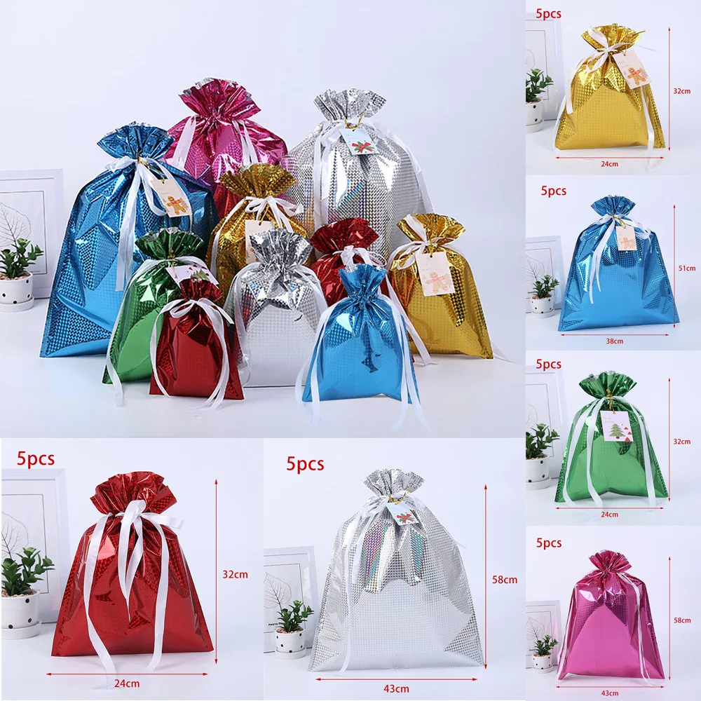 

5PCS Christmas Gift Boxes Bags Aluminum Foil Reusable Drawstring Wrap Present Christmas Xmas Candy Storage Party Gift Bags