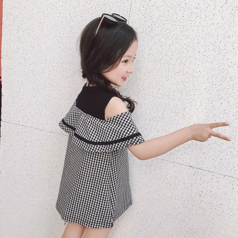 Платье для девочек с открытыми плечами черное летнее клетчатое Повседневное