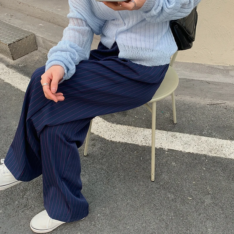 

Новинка весна-лето 2021, свободные тонкие универсальные прямые брюки HziriP в полоску для отдыха, женские повседневные широкие брюки в офисном с...