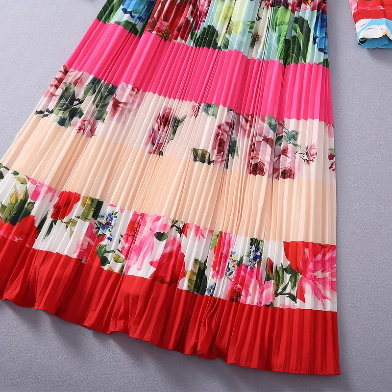 

American European women's and clothing 2021 The new spring Long sleeve bow Patchwork flower print fashion pleated dress