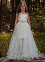 flower girl dress o neck lace tulle kids party dress pageant gowns first holy communion dress with detachable skirt