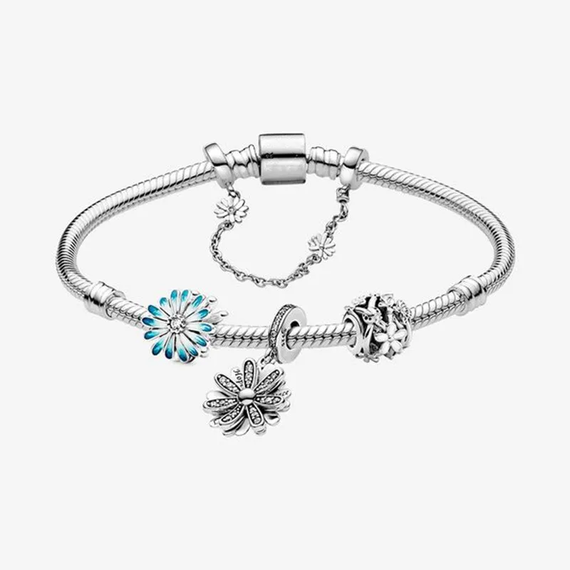 

925 Sterling Silver Original Fresh Daisy Flower Clasp Snake Bracelet Set Bead Charms Pendant Bangles Women Elegant Gift Jewelry