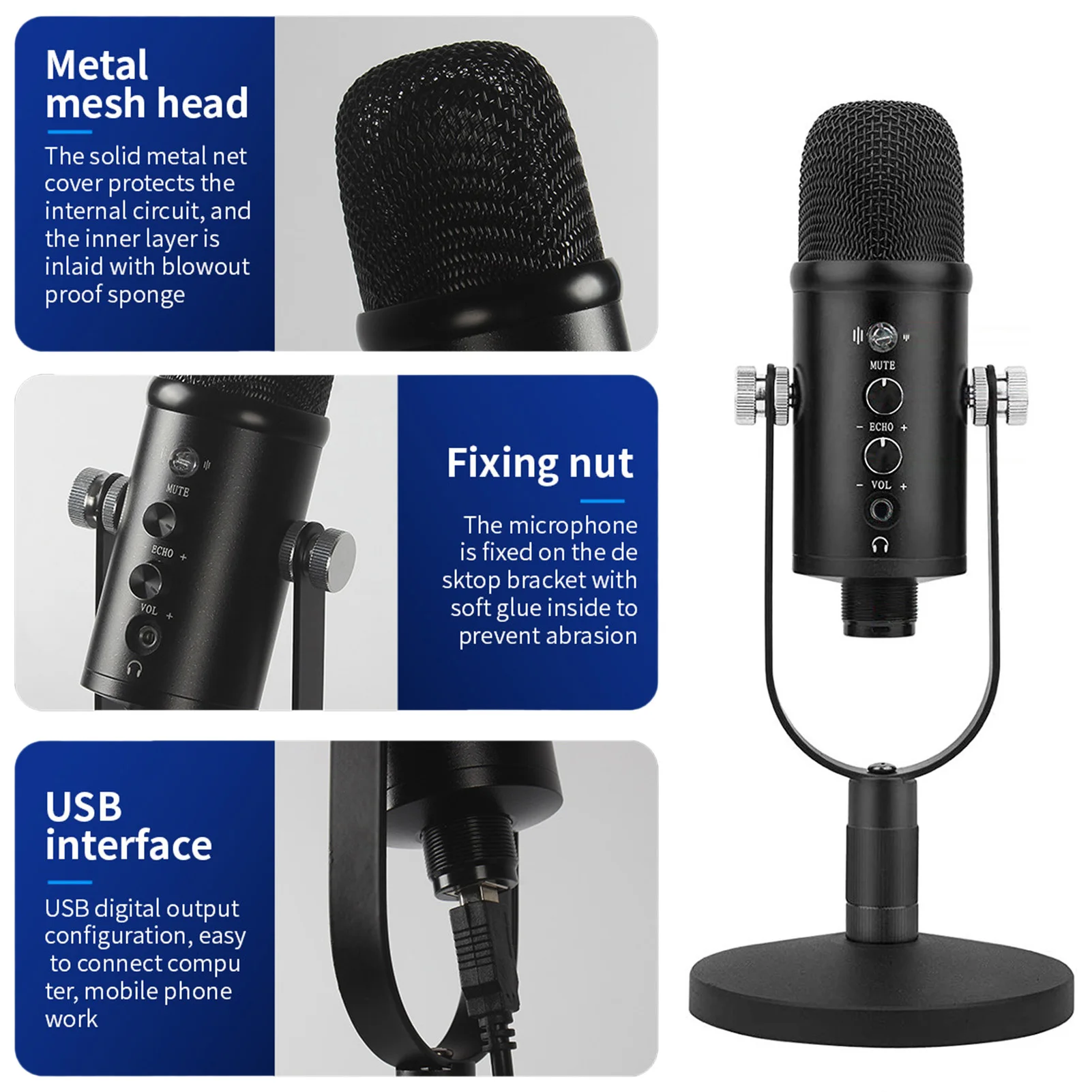 

USB Condenser Microphone Professional Gaming Mic For Podcast Noise Reduction Wired Microphone Laptop Computer Accessories