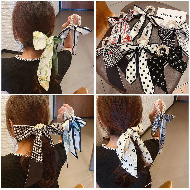 

Floral/Plaid/Dot Print Pearl Scrunchies Solid Long Hair Ribbon For Women Ponytail Scarf Sweet Elastic Hair Band Hair Accessories