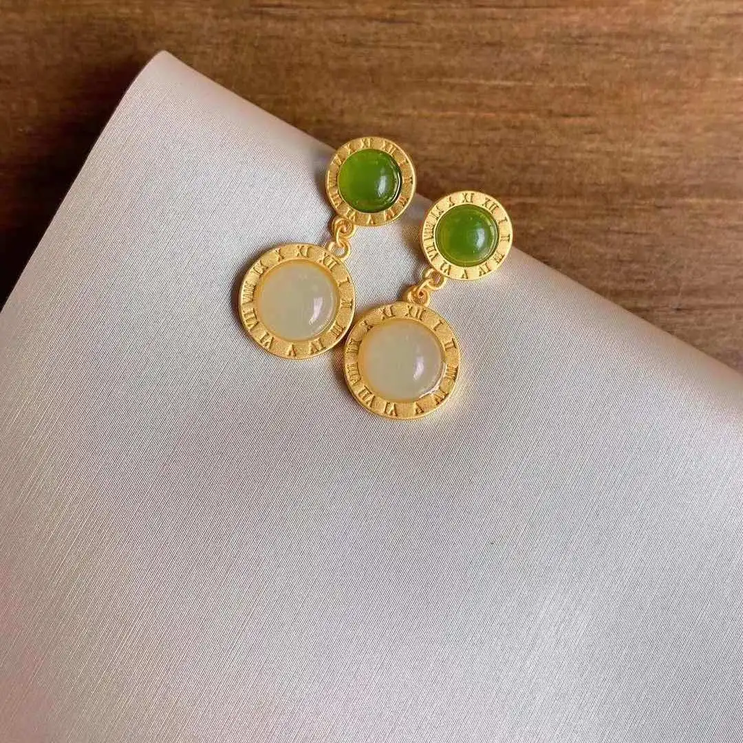 

Natural Hetian Jade Earrings Elegant High-Grade Elegant Sterling Silver Small Eardrops Women's Short Small Stylish round Earring