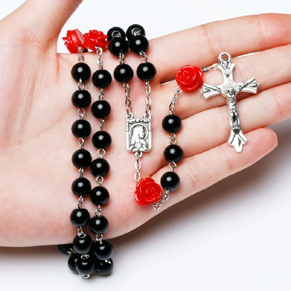 

Catholic Glass Pearl Rose INRI Crucifix Necklace Christian Virgin Rosary Jesus Cross Brarelet Religious Church Souvenirs Gifts