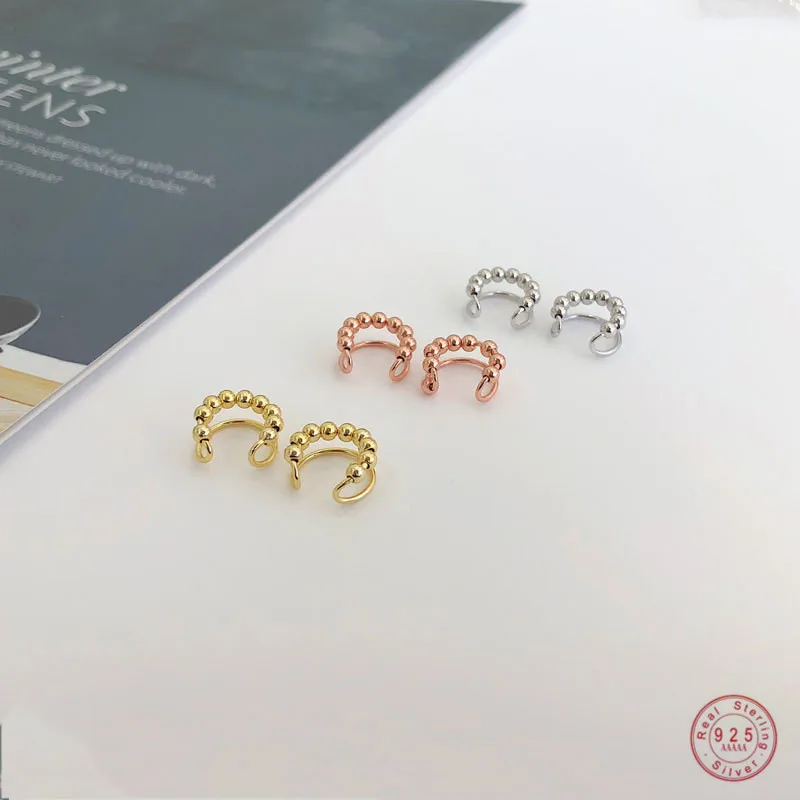 

925 Sterling Silver Simple Double Layer Round Beads Geometric Ear Bone Clip Women Punk Hip Hop Street Art Party Jewelry
