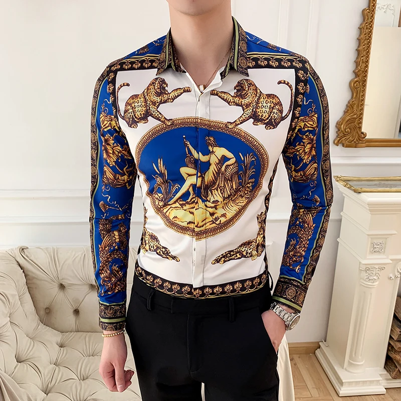 

6XL 27 Colour Fashion Boutique Print Casual Slim Fit Mens Long-sleeved Shirt / High-end Social Brand Social Men Club Prom Shirts