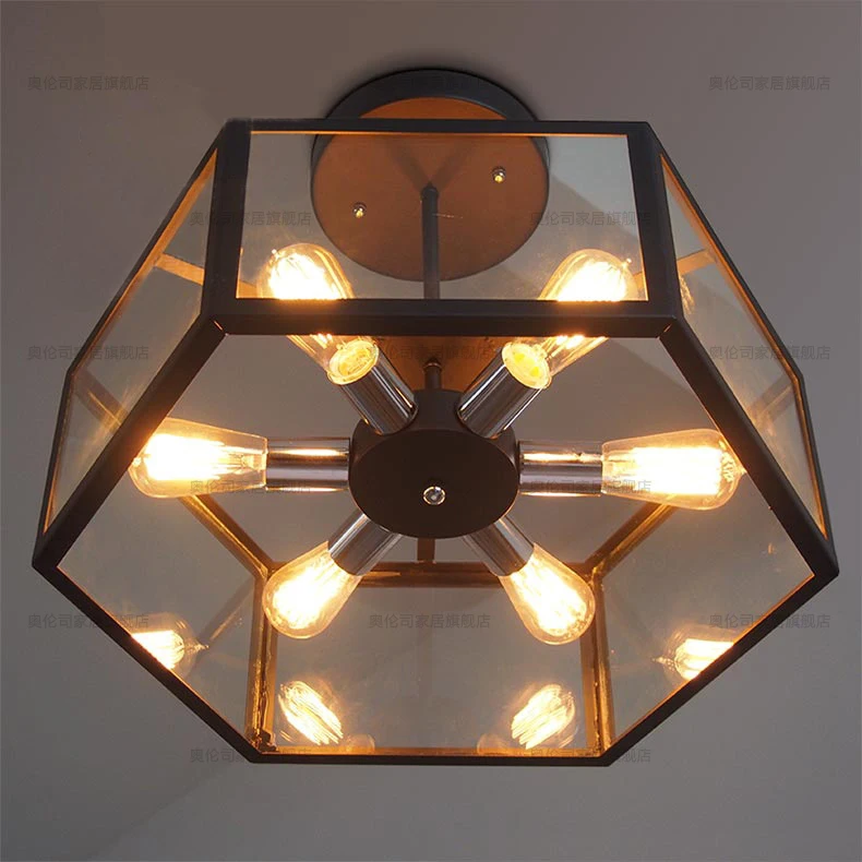 American industrial retro style creative Cafe restaurant light bar Hexagonal glass ceiling lamp