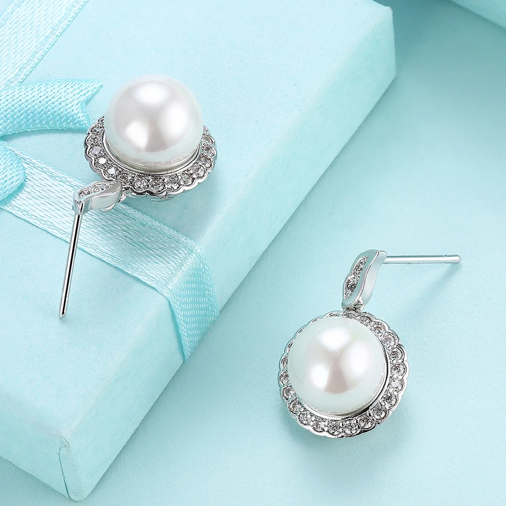 

ZEMIOR White 5A Clear Cubic Zirconia Stud Earrings For Women Round Imitation Pearl Earring Anniversary Female Fashion Jewelry