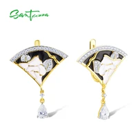 santuzza 925 sterling silver earrings for women oriental flower whiteblack enamel fan dangling earrings fine jewelry handmade