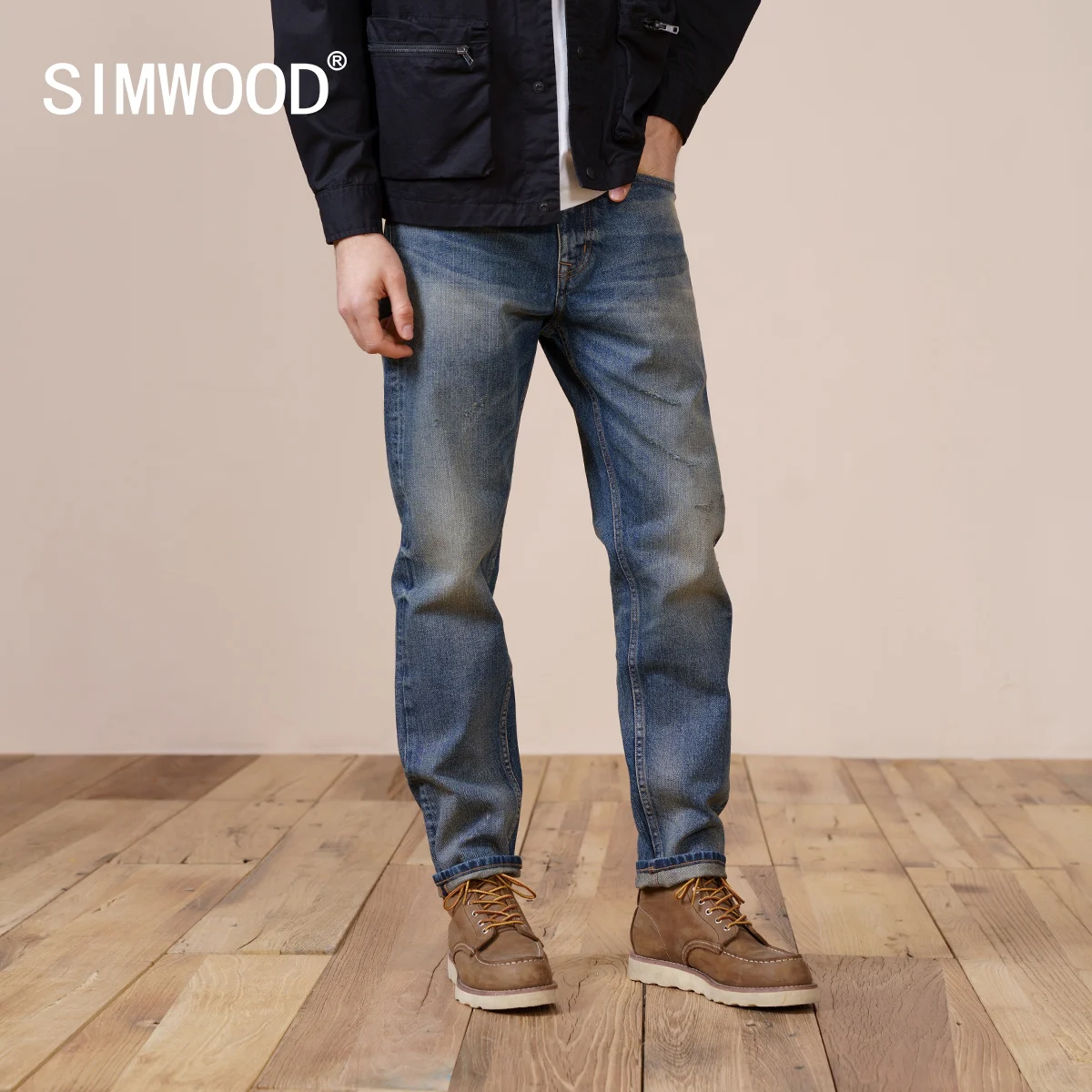 SIMWOOD 2021 Весенние Новые прямые мужские джинсы из 100% хлопка, винтажные повседневные джинсовые брюки размера плюс, брендовая одежда - изображение