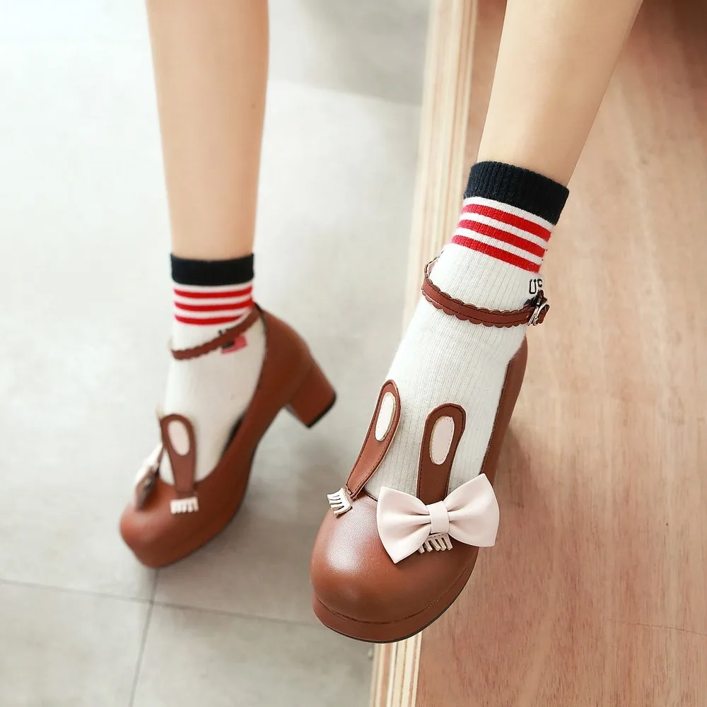 Spring Autumn Sweet Lolita Rabbit Ears Shoes Girls Pumps Single Med Heel Student Party Cosplay 2021 Fashion Tide Dropshipping