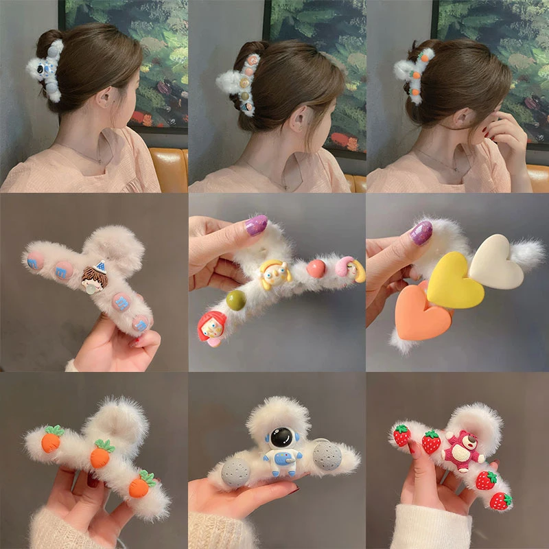 

Sweet Cute Girl Head Claw Shark Clip Fashion Big Size Plush Hair Claw Creative Unique Astronaut Cartoon Animal Plastic Clip