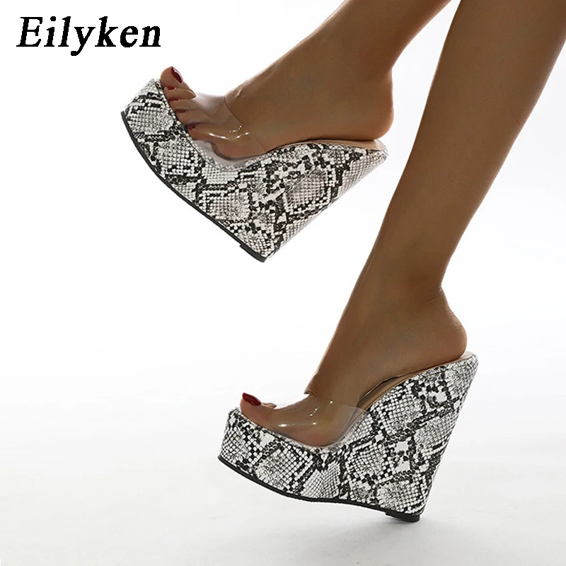 

Eilyken 2022 New Snake Grain Women Wedge Platform Slippers Summer PVC Transparent Slip-On Open Toe Slides Shoes Party High Heels