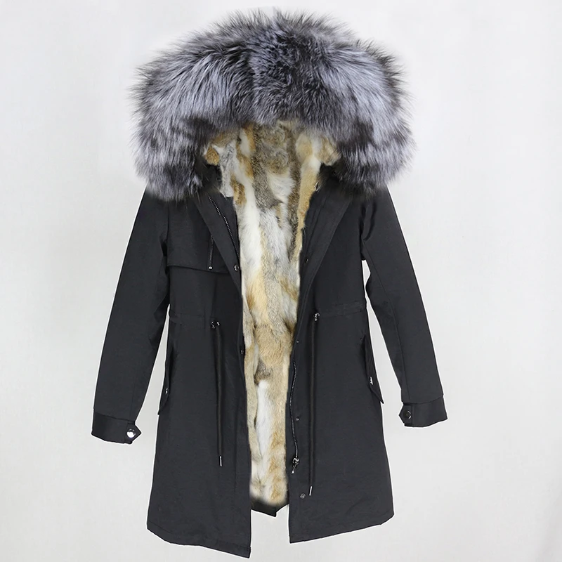 black silver OFTBUY натуральный Лисий мех воротник парка с капюшоном зимняя куртка женская натуральный кроличий мех внутри Толстая теплая верхняя одежда Уличная Роскошная - Цвет: black silver
