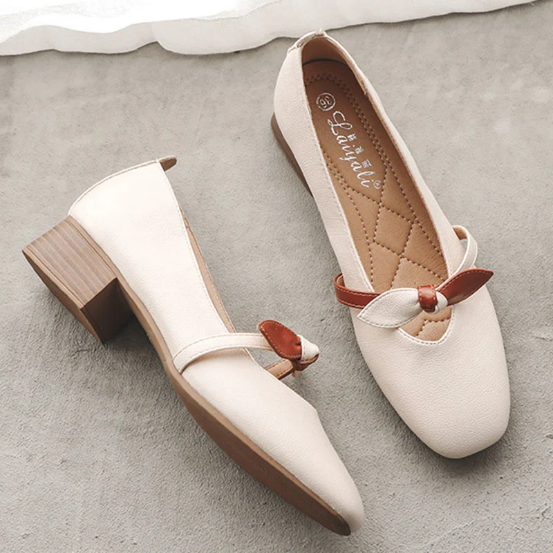 Туфли женские с бантом ПУ кожа квадратный носок без застежки плоская подошва