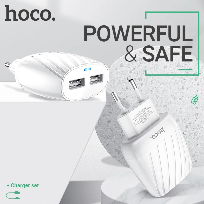 

hoco dual USB wall charger 2.4A cable set for Lightning Type-C Micro-USB kit EU plug double port charging adapter indicator