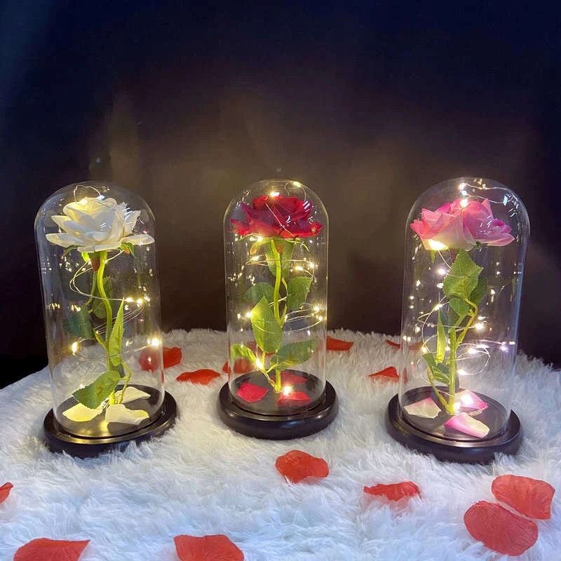 

Valentine'S Day Gift Forever Red Rose Beauty and The Beast Galaxy Rose In LED Light Glass Mother'S Day Romantic Wedding Gift