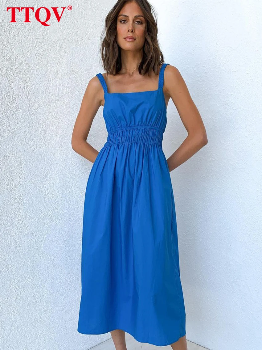 

TTQV Women Square Collar Blue Summer Dress 2022 Fashion Slim High Waist Midi Dresses Bodycon Sleeveless A-Line Female Dress