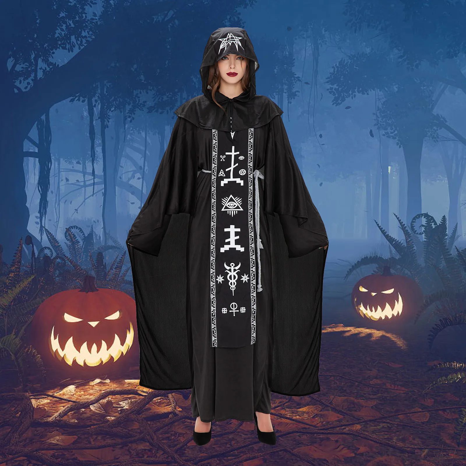 

Vintage Medieval Gothic Dresses Halloween Renaissance Hooded Black Robe Party Costume Cosplay Couples Dress Boho Victorian Dress
