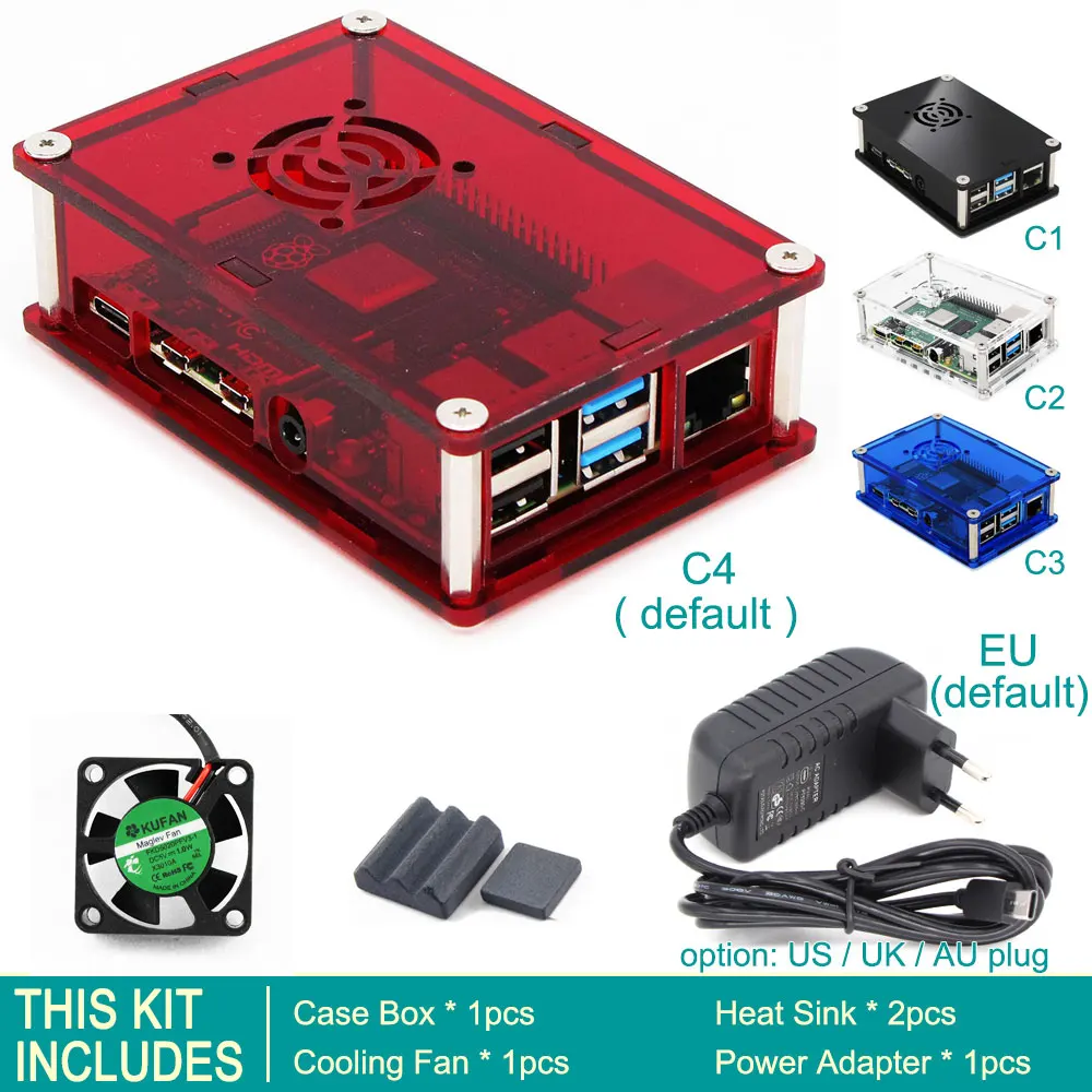 Kit 2 Корпус C4: прозрачный красный Raspberry PI 4 корпус коробка PI4 Модель B 1 ГБ/2 ГБ/4 ГБ полиметилметакрилатные акриловые крышки корпуса КОРПУСА коробка Raspberry PI 4B - Цвет: Kit 2