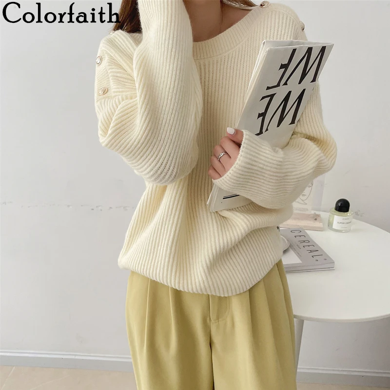 

Colorfaith New 2021 Women Autumn Winter Sweaters Knitted Elegant Oversized Warm Fashionable Wild Vintage Lady Knitwears SW1581JX