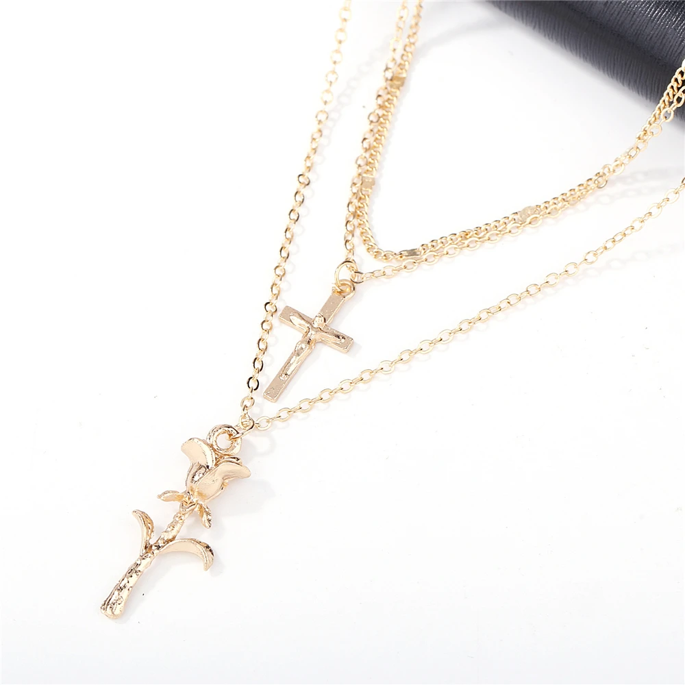 

Fashion Creative Retro Rose Flower Metal Snake Chain Cross Girl Women Necklace for Women Jewelry Birthday Gift Part Accessories