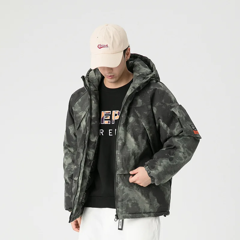 Camouflage Tie-dye Multi-pocket Tooling Warm Hooded Jacket Men's Fashion Outdoor Loose Thickening Winter Coat Streetwear