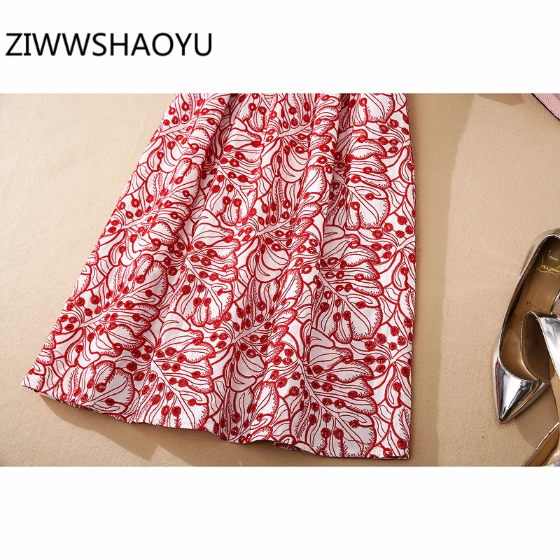 

ZIWWSHAOYU Summer Women Elegant Vintage Midi Dresses Runway Designer Ladies Red Embroidery Open Back Spaghetti Strap Dress