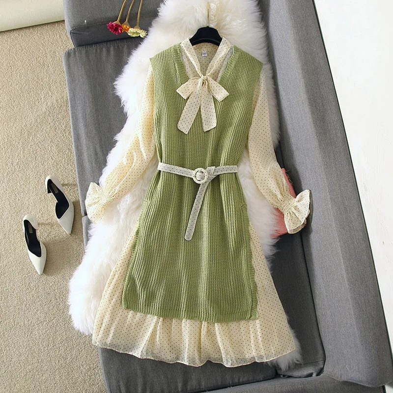 2019 осенне-зимнее платье костюм из 2 предметов женское трикотажное в горошек с