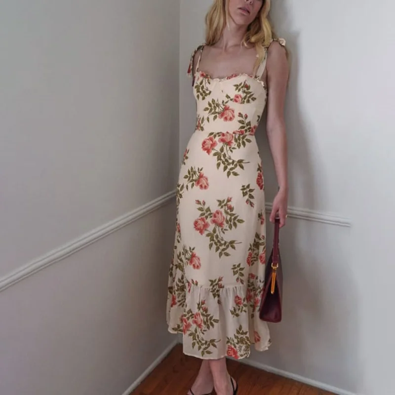 

2020 Vintage Slim Sexy Print Print Bandage Dress Summer Midi Spaghetti Strap Dress Party Women Beach A-line Vestido De Festa